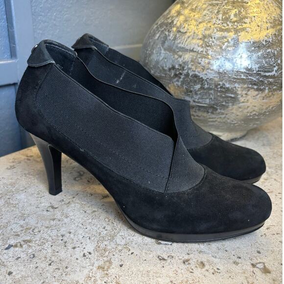 Anne Klein Black Ankle Heel Suede Leather Shoe Bootie Almond Toe Size 10 - Picture 1 of 7